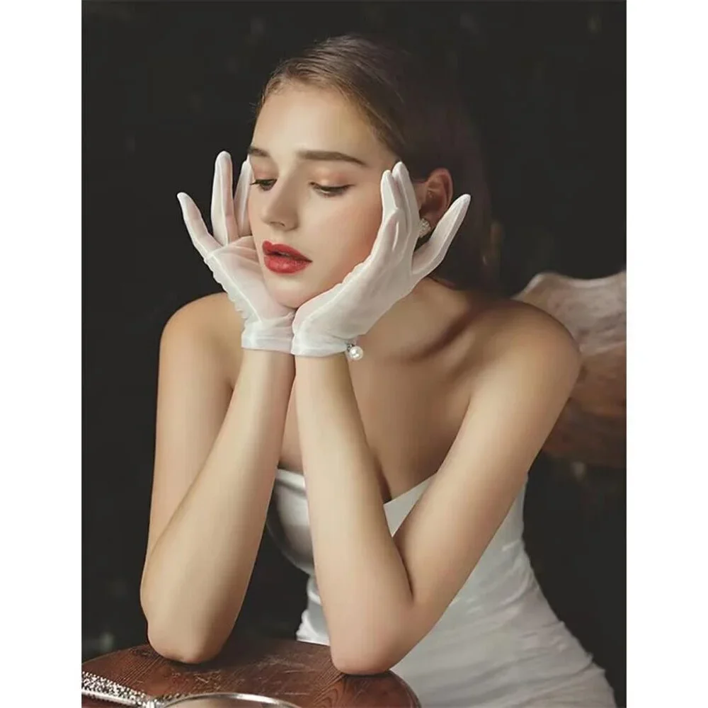 Women's Black Evening Pearl Short Gloves Wedding Dance Party Tea Accessories